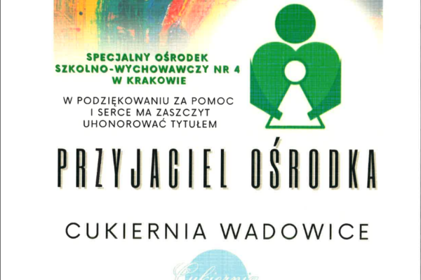 Dyplom Przyjaciel Ośrodka 2025 dla Cukierni Wadowice od SOSW nr 4 w Krakowie
