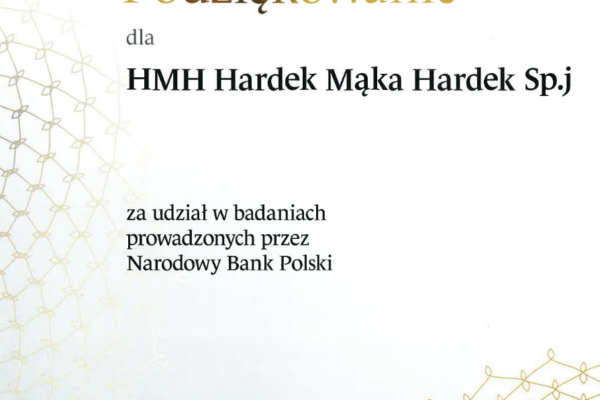 Podziękowanie od Narodowego Banku Polskiego dla firmy HMH Hardek Mąka Hardek za udział w badaniach