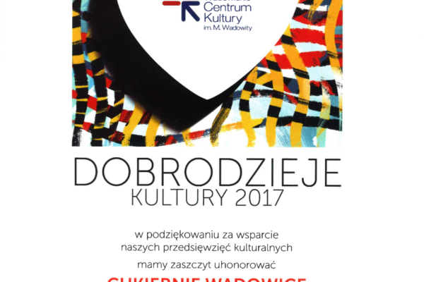 Dyplom Dobrodziej Kultury 2017 dla Cukierni Wadowice od Wadowickiego Centrum Kultury