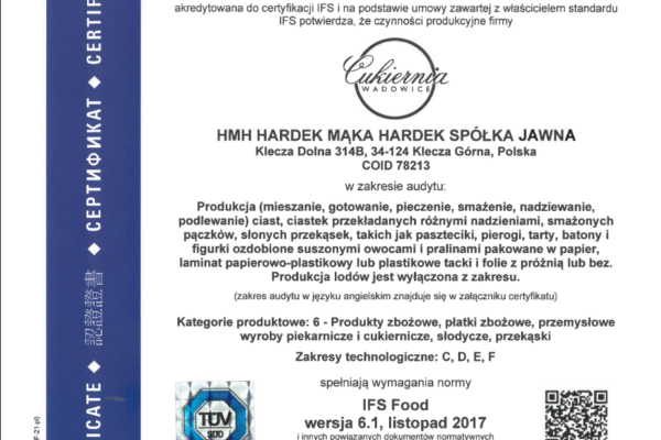 Certyfikat IFS Food dla Cukierni Wadowice HMH Hardek Mąka Hardek, wydany przez TÜV SÜD Czech