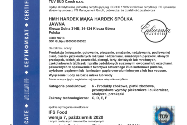 Certyfikat IFS Food dla HMH Hardek Mąka Hardek – Cukiernia Wadowice, wynik 99,34%