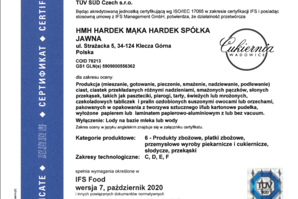 Certyfikat IFS Food dla HMH Hardek Mąka Hardek – niezapowiedziana ocena TÜV SÜD, wynik 98,68%
