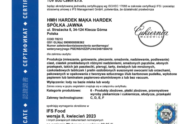 Certyfikat IFS Food dla HMH Hardek Mąka Hardek, wynik 98,85%, wydany przez TÜV SÜD
