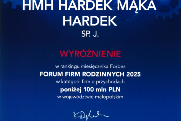 Dyplom wyróżnienia dla HMH Hardek Mąka Hardek w rankingu Forbes Forum Firm Rodzinnych 2025
