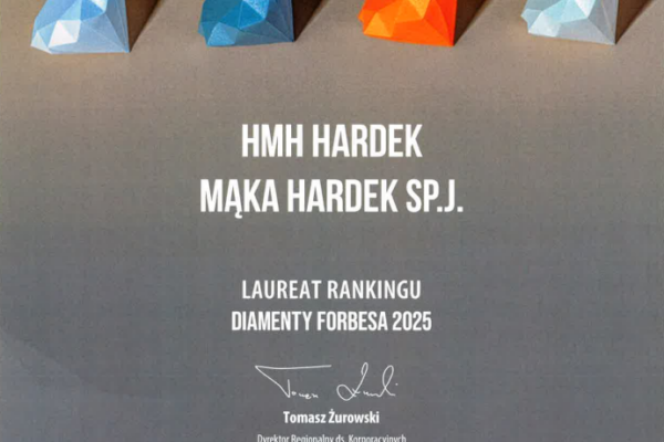 Certyfikat Diamenty Forbesa 2025 dla HMH Hardek Mąka Hardek Sp.j., z podpisem przedstawiciela ING Banku Śląskiego
