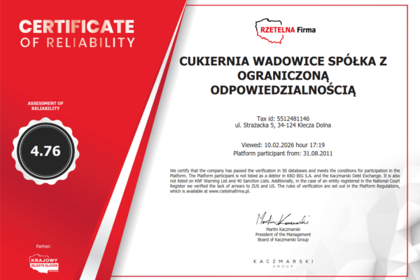 Certyfikat Rzetelności Rzetelna Firma dla Cukiernia Wadowice z oceną 4.76
