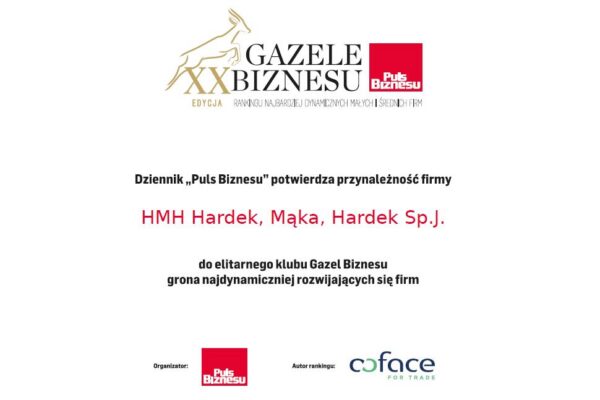Certyfikat Gazele Biznesu XX edycji dla firmy HMH Hardek, Mąka, Hardek Sp.J.
